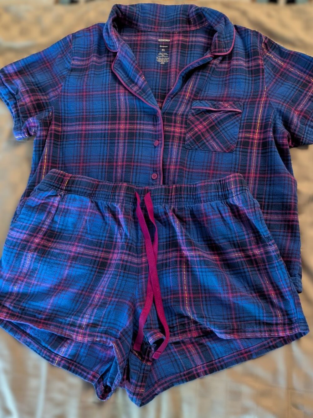 Sonoma Goods For Life Women's XL Flannel PJ Set Blue & Pink Plaid Short Sleeve
